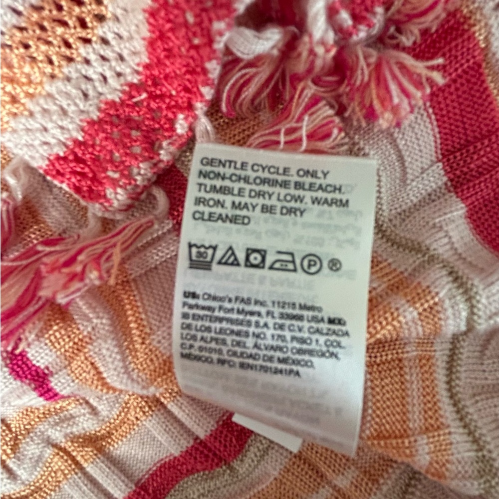 Chico’s Striped Pink White Fringed Open Front Cardigan Sweater Boho Size M - Picture 9 of 12
